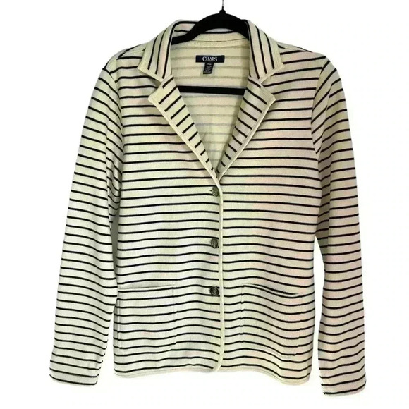 CHAPS Ralph Lauren Nautical Cream & Navy Cotton Knit Button Down Jacket Petite M - Picture 1 of 6